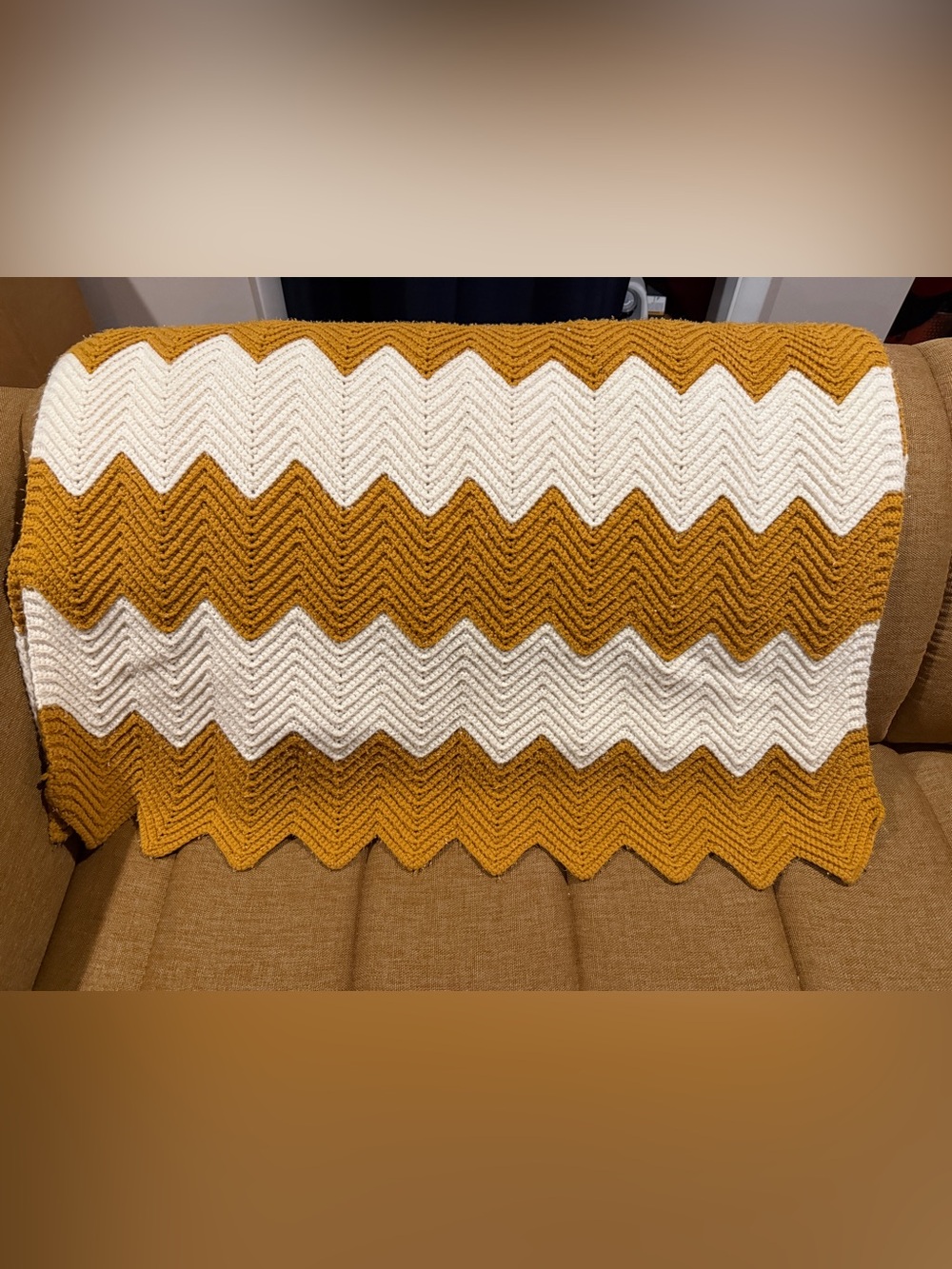 Mustard and Cream Chevron crocheted Throw Blanket
